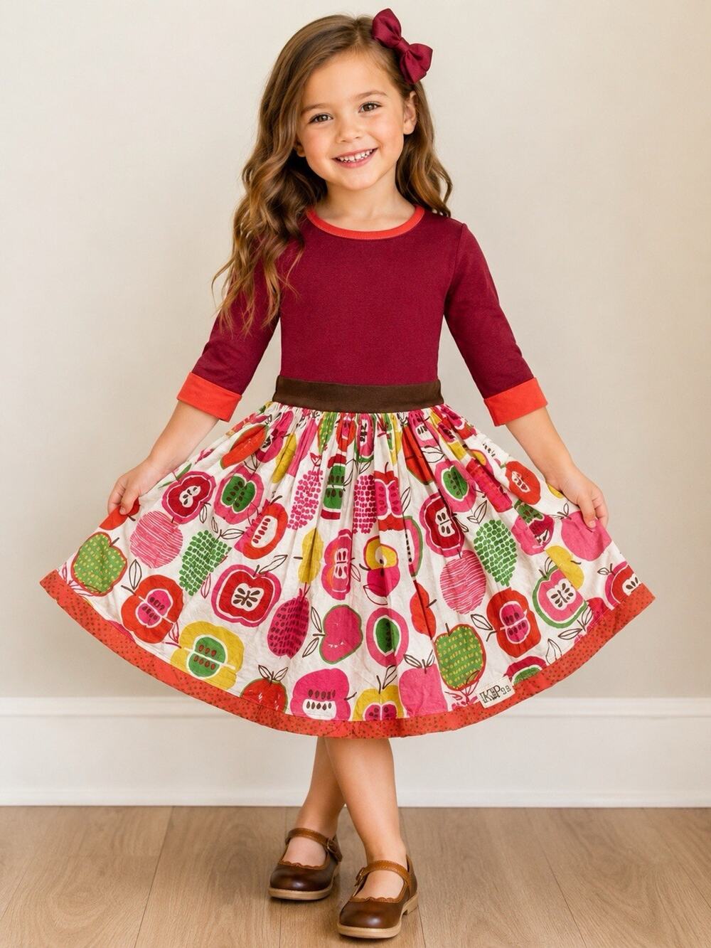 KPea Girls Size 6 Apple Print Twirl Dress Burgundy 3/4 Sleeve Made in USA